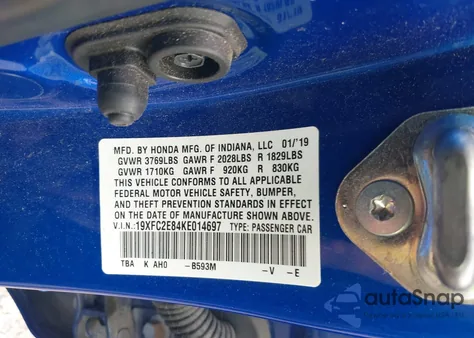 2019 Honda Civic Sport из США, поврежденный, VIN 19XFC2E84KE014697